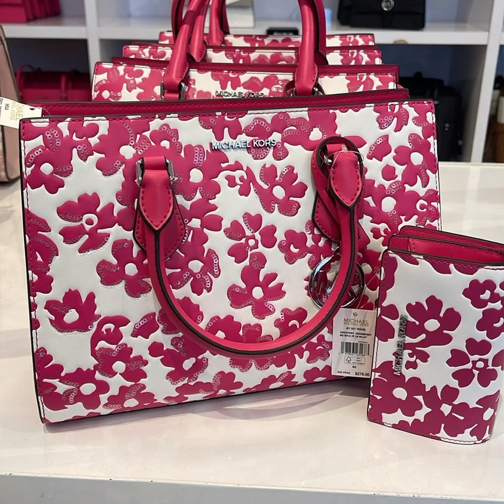 Michael Kors Sheila Md Sequined Floral Print CZ Satchel & JST Md Bi-Fold Wallet - Picture 12 of 16